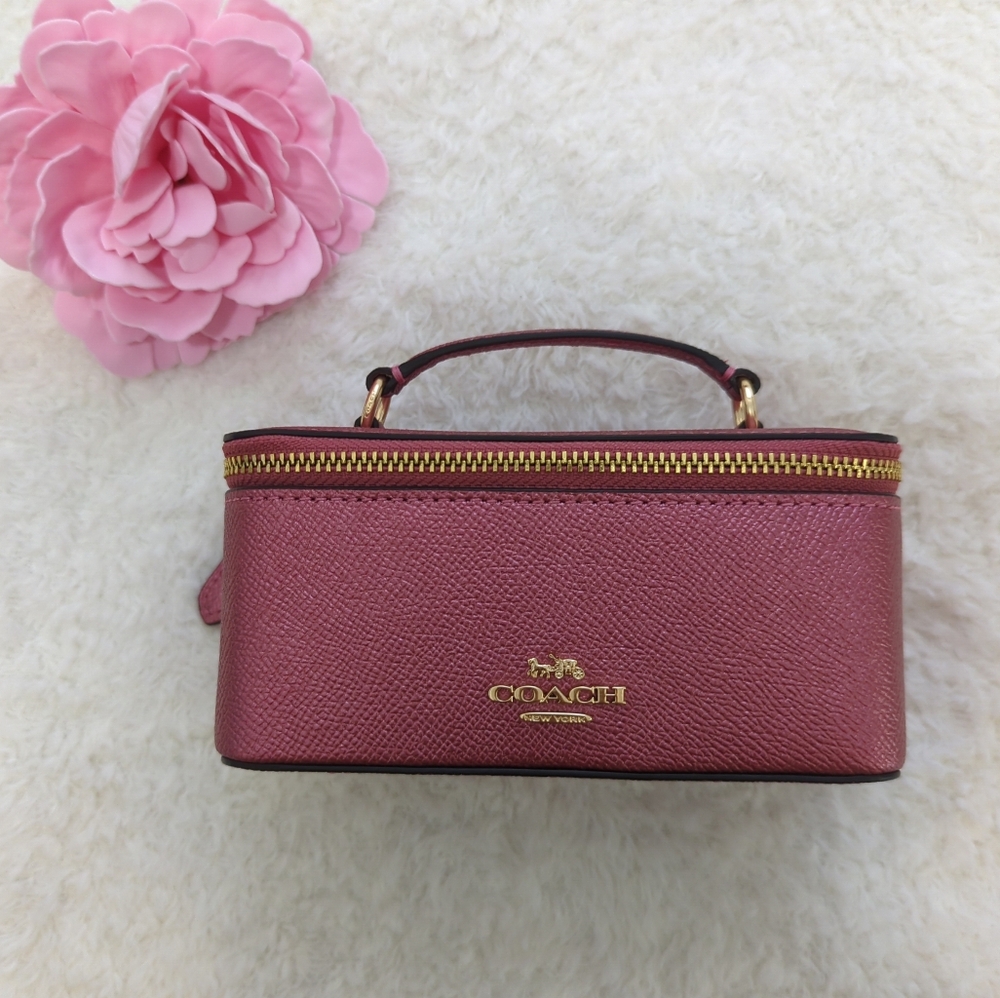 Coach leather Vanity Bag Pink Shimmer Gold Travel Jewelry Case Cosmetic Perfect - Picture 1 of 8